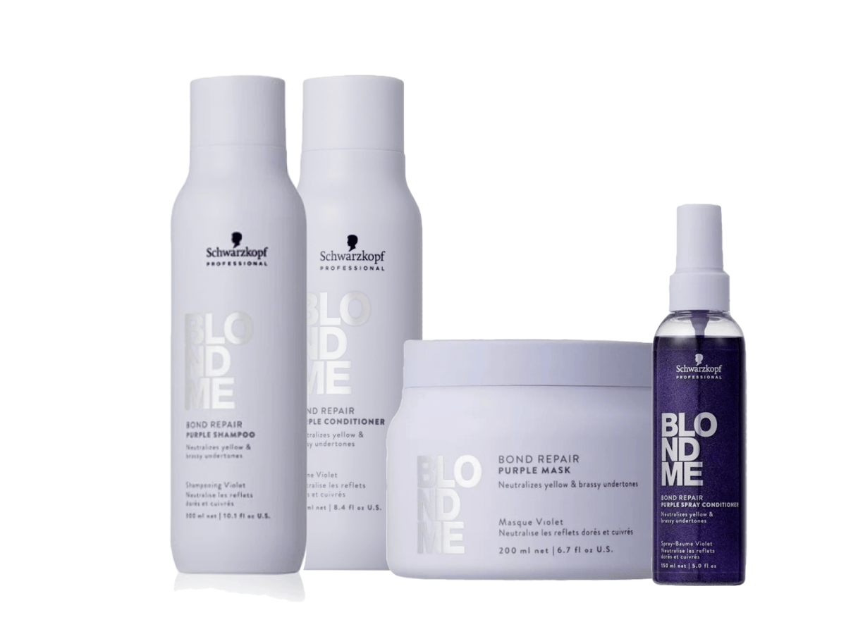 Schwarzkopf Professional BlondMe Bond Repair Purple Shampoo, Conditioner, Mask & Spray Conditioner Quad